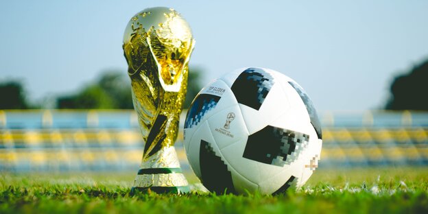 Ein WM-Pokal steht neben einem Fußball auf dem Rasen