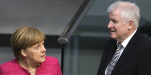 Merkel schaut Seehofer skeptisch an.