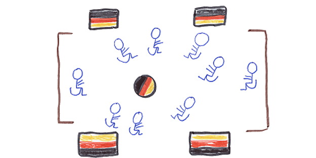 Die Zeichnung zeigt Menschen im Rollstuhl auf einem Fußballfeld, drumherum sind Deutschlandfahnen