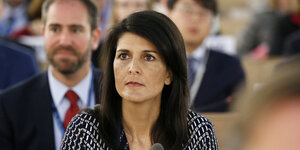 Nikki Haley, die UN-Botschafterin der USA, sitzt im UN-Menschenrechtsrat
