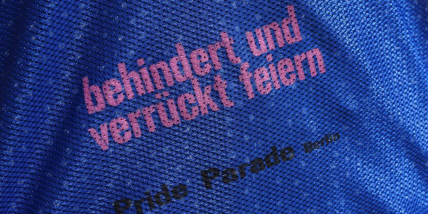 Pinke Schrift auf blauem Grund: "behindert und verrückt feiern"