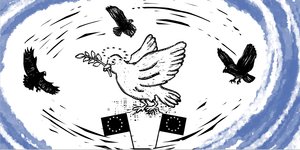 Dunkle Vögel kreisen um eine Friedenstaube über zwei EU-Flaggen