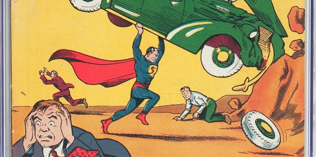 Die Comicfigur Superman hebt ein grünes Auto hoch, daneben ein Mann auf den Knien, vorne eine weitere verzweifelt blickende Figur, die sich die Hände im Gesicht zusammenschlägt