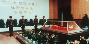 Chinesische Soldaten bewachen gläsernen Sarg
