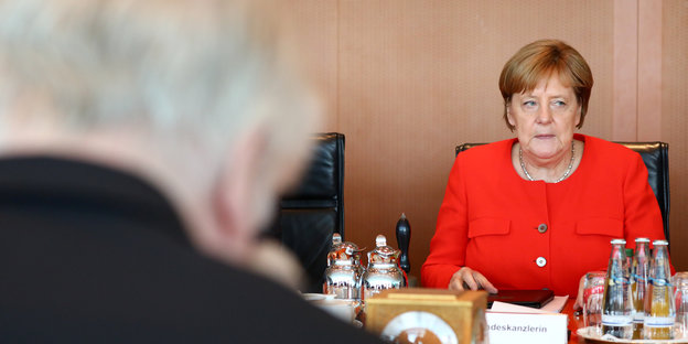 Merkel von vorne und Seehofers Nacken von hinten. Beide sitzen an einem Tisch
