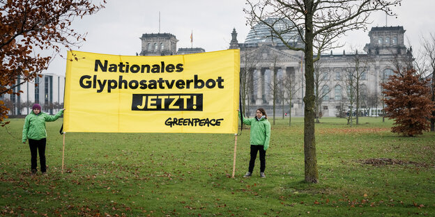Greenpeace-Aktivisten stehen mit Plakat gegen Glyphosat vor dem Reichstag