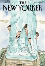 Titelbild der Zeitschrift „The New Yorker“, auf dem sich Kinder im Rock der Freiheitsstatue verstecken Titelbild der Zeitschrift „The New Yorker“, auf dem sich Kinder im Rock der Freiheitsstatue verstecken