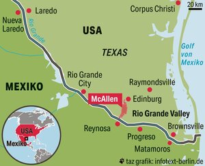 Karte von der Grenze zwischen den USA und Mexiko, der Ort McAllen ist nah an der Grenze in Texas