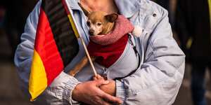 Eine Frau hält einen kleinen Hund und eine Deutschlandfahne