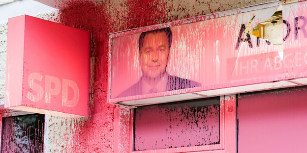 Mit rosa Farbe besprühtes Konterfei von Andreas Geisel