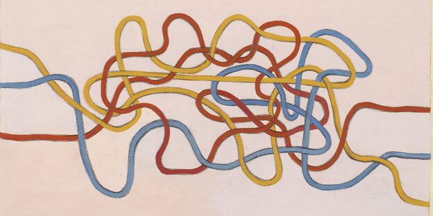 Blau, rot, gelb ziehen Linien wie lockere Wollfäden über das Papier.