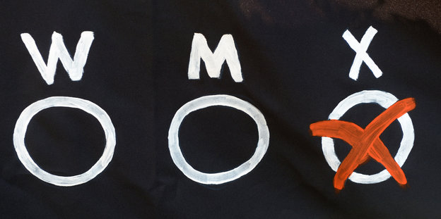 Ein Banner mit den drei Wahlmöglichkeiten W, M und X.