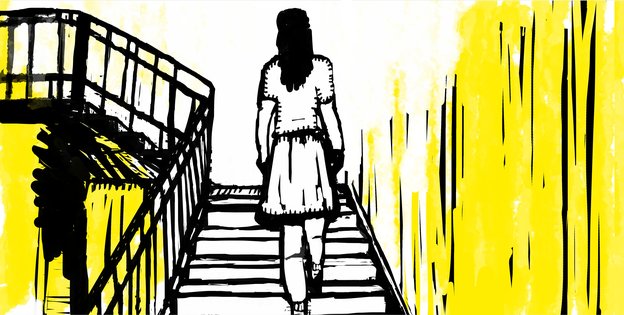 Zeichnung einer Frau, die eine Treppe hochgeht