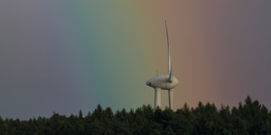 ein Windrad über einem Wald mit Regenbogen darüber