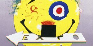 Plakat des Grafikerkollektivs Grapus mit Smiley, der Hammer und Sichel als linkes Auge hat und Hitlerbart trägt.