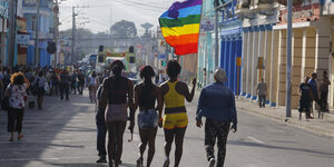 Vier Menschen laufen eine Straße entlang, eine_r von ihnen hält eine Regenbogenfahne. Man sieht sie von hinten
