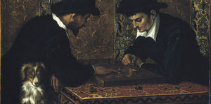 In Ludovico Carraccis Gemälde „Zwei Schachspieler“ sitzen sich zwei Männer gegenüber. Zwischen ihnen ein Schachbrett. Links unten im Bild sitzt ein Hund, der dem Betrachter in die Augen blickt.