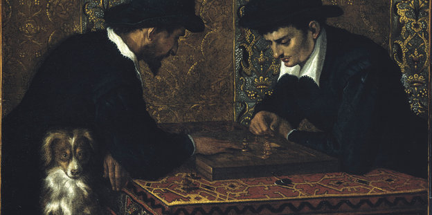 In Ludovico Carraccis Gemälde „Zwei Schachspieler“ sitzen sich zwei Männer gegenüber. Zwischen ihnen ein Schachbrett. Links unten im Bild sitzt ein Hund, der dem Betrachter in die Augen blickt.