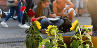 Blumen im Vordergrund, dahinter sitzen Menschen auf der Straße