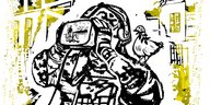 Eine Zeichnung: Soldat mit einer Friedenstaube auf der Schulter