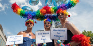 Drei Personen mit Regenbogenpuscheln auf dem Haar und Schildern, die weltweite Toleranz fordern