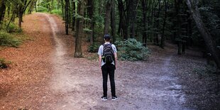 Ein Mann vor einer Weggabelung im Wald