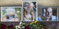 Fotos und Blumen von drei russischen Männern