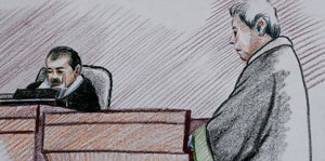 Eine Zeichnung zeigt einen Richter und einen Anwalt in Roben