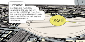 Ausschnitt aus einem Comic: Abgebildet ist der Flughafen Tempelhof