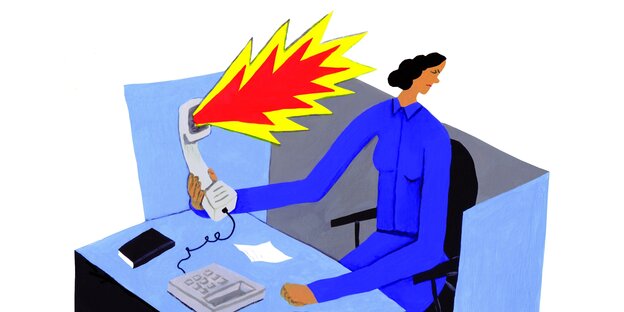 Illustration einer Frau an einem Schreibtisch, aus dem Telefonhörer schlagen Flammen