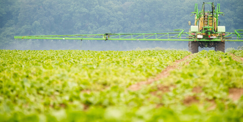 Ein Landwirt sprüht am 30.05.2016 mit einem Traktor und Ausleger selektive Herbizide zur Vernichtung von Unkraut auf ein Feld mit Zuckerrüben bei Münstedt im Landkreis Peine (Niedersachsen)