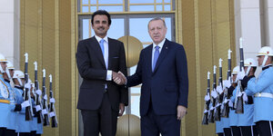 Scheich Tamim bin Hamad al-Thani (l), Emir von Katar, und Recep Tayyip Erdogan, Staatspräsident der Türkei, geben sich vor gemeinsamen Gesprächen die Hand.