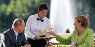ein Mann und eine Frau sitzen an einem Gartentisch und werden von einer Kellnerin mit Getränken versorgt