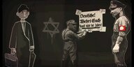 Avatare im Videospiel vor Schild "Deutsche! Wehrt euch kauft nicht bei Juden!"