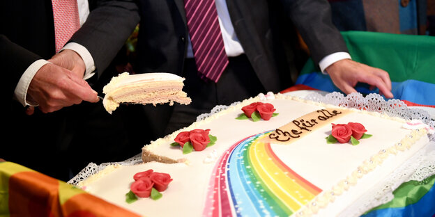 Zwei Krawattenträger schneiden Torte mit Regenbogen-Glasur und Aufschrift "Ehe für alle" an