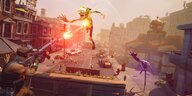 Eine Szene aus dem Videospiel Fortnite: Ein gelbes Männchen springt in die Luft und wird dabei von einem anderen Männchen abgeschossen