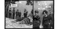 Ein Ausschnitt aus einem Comic: Fünf Personen sind zu sehen, eine weitere liegt im Vordergrund auf dem Waldboden, anscheinend tot. Die Mitarbeiter begrüßen die Kommisarin.