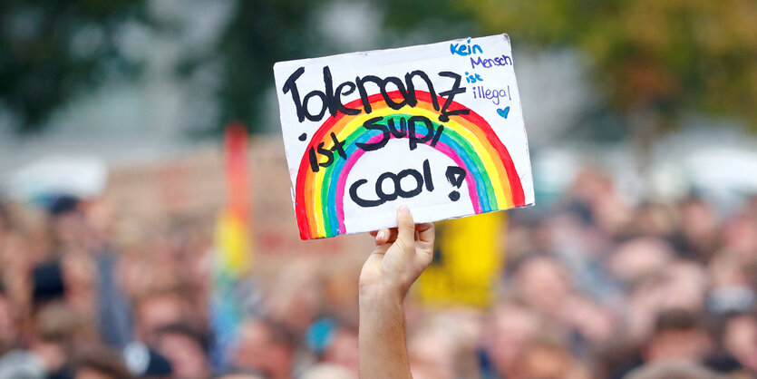 Auf dem #wirsindmehr-Konzert hält jemand ein Schild hoch mit der Aufschrift: "Toleranz ist supi cool. Kein Mensch ist illegal."