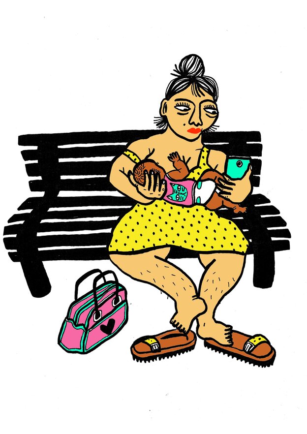 Die Illustration zeigt eine Mutter, die auf einer Parkbank sitzt und ihr Kind stillt Die Illustration zeigt eine Mutter, die auf einer Parkbank sitzt und ihr Kind stillt