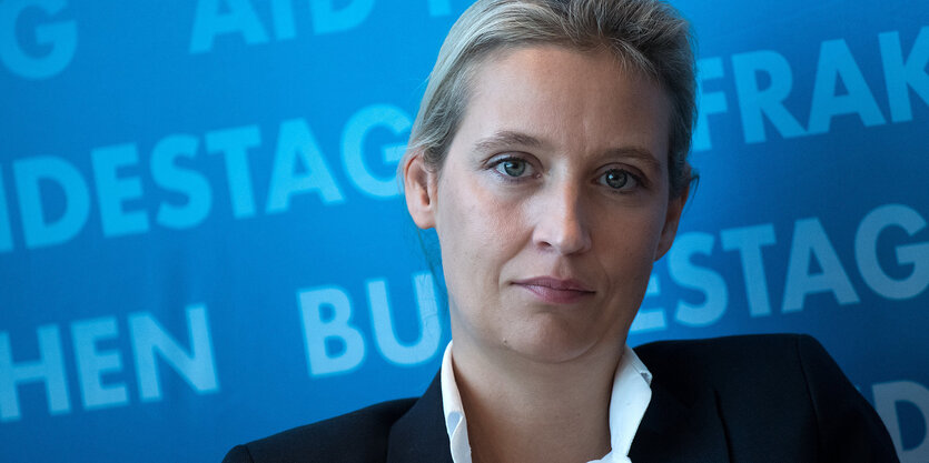 Vorsitzende der AfD-Bundestagsfraktion Alice Weidel sitzt vor einer Wand mit der Aufschrift „Fraktion im Bundestag“