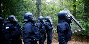 Polizisten stehen vor Bäumen in einem Wald