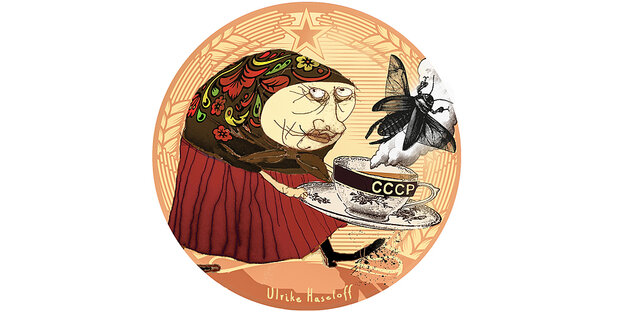 Eine Illustration zeigt eine Frau mit Kopftuch, die eine Tasse mit der Aufschrift "CCCP" trägt