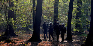 Polizisten mit weißen Helmen stehen in einem Wald