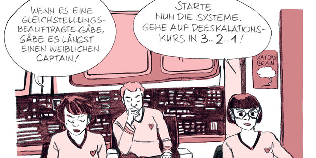 Eine Comiczeichnung zeigt eine Szene aus dem Raumschiff Enterprise.