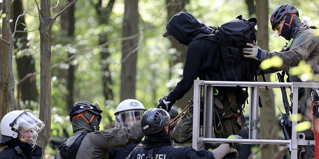 Im Hambacher Forst begleiten Polizisten eine Person von einer Plattform