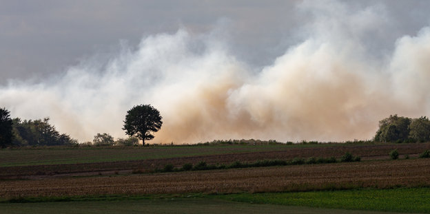 Rauch steigt auf über einer brennenden Fläche hinter Feldern