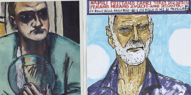 Eine Zeichnung Michel Würthles, rechts ein Selbstporträt. Eine bearbeitete alte Postkarte von "Hallstein" komplettiert das Ensemble. Dazu sind einige Textelemente gestellt.