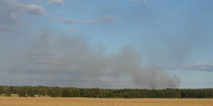 Dunkle Rauchwolken steigen aus einem brennenden Waldstück bei Jüterborg in Brandenburg hervor, wo im August dieses Jahres große Waldbrände stattfanden