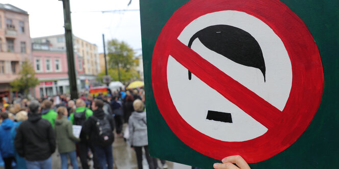 Teilnehmer eines Demonstrationszuges ziehen auf dem Weg zum Familienfest des Bündnisses «Rostock Nazifrei» auf dem Universitätsplatz durch die Stadt