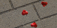 drei Herzen aus roter Folie liegen auf dem Asphalt